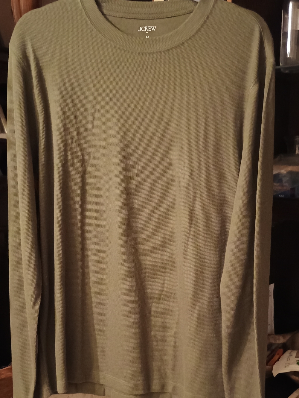 NWOT J. Crew Olive Green Waffle Knit Thermal Long Sleeve Crewneck Shirt Size Med